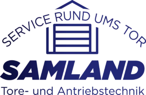 Logo von Samland Tore und Antriebstechnik mit stilisiertem Garagentor und dem Schriftzug „Service rund ums Tor“.