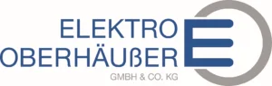 Logo von Elektro Oberhäußer GmbH & Co. KG mit blauem Schriftzug und stilisiertem Buchstaben E.