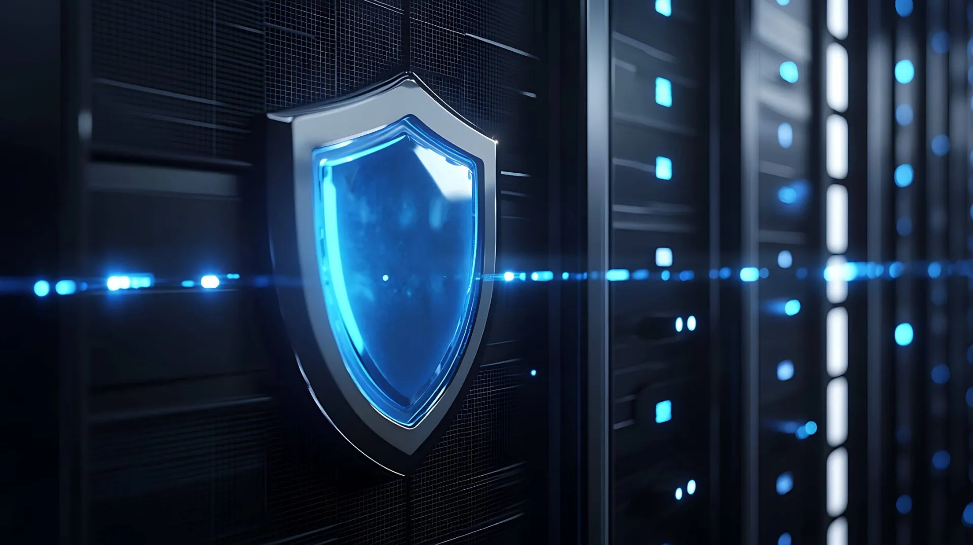 Blaues Schutzschild vor einem Server-Rack als Symbol für die abgesicherte Website